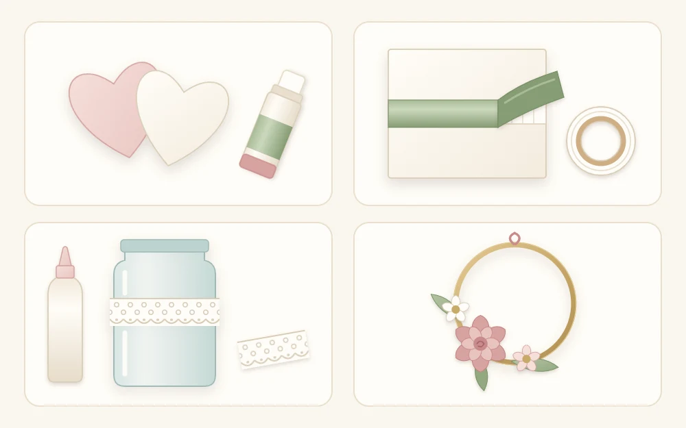 Four tiles: paper hearts with a glue stick, ribbon taped to a card, lace on a glass jar, a fabric flower on a hoop