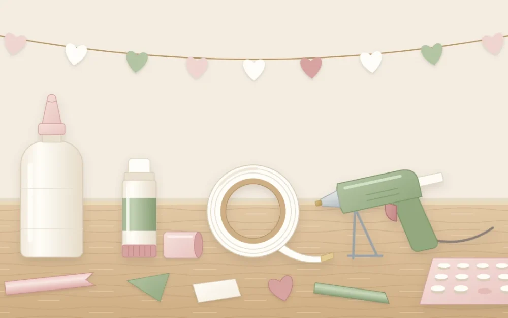 A row of adhesives on a craft table: white glue, a glue stick, double-sided tape, a small glue gun and foam dots with ribbon scraps