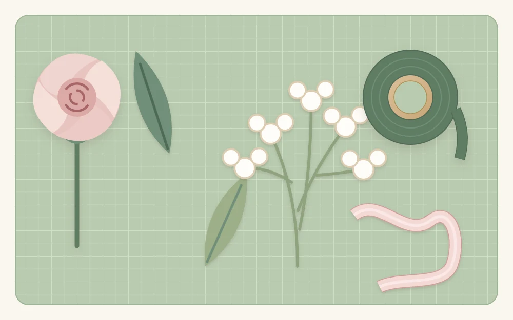 Parts of one boutonniere laid out: a small rose, two leaves, a filler sprig, green floral tape and narrow ribbon