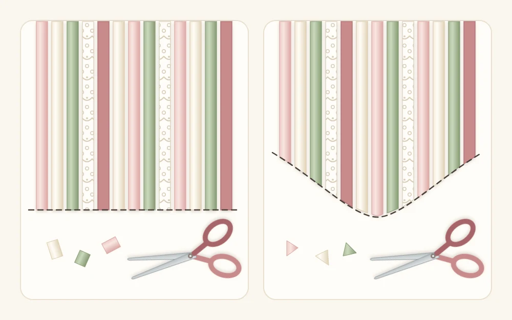 The bottom edge of the backdrop shown two ways side by side: strips trimmed in a straight level line and strips trimmed into a soft downward point
