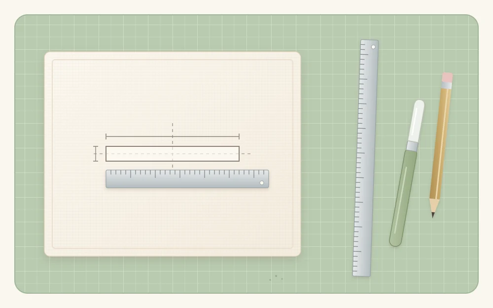 A box lid seen from above with a narrow rectangular slot marked in pencil, a metal ruler and a capped craft knife on a cutting mat