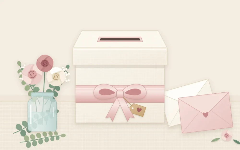 A fabric-covered ivory box with a slot in the lid, a wide blush ribbon band and bow, and two envelopes resting against it