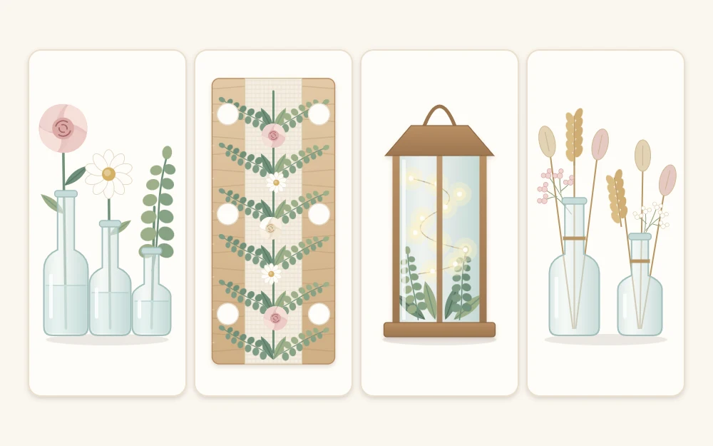 Four centerpiece concepts as tiles: a cluster of three bud vases, a greenery runner, a glass lantern with small lights and leaves inside, and bottles holding dried flower stems