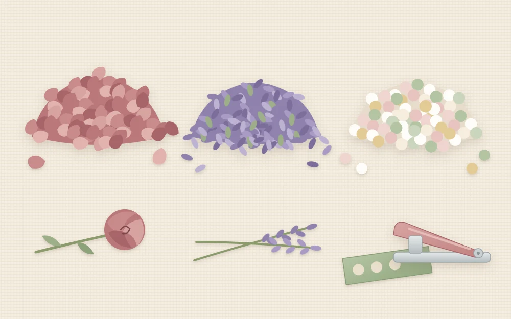 Three small heaps of fillings side by side: dried rose petals, dried lavender buds and round punched paper confetti beside a hole punch