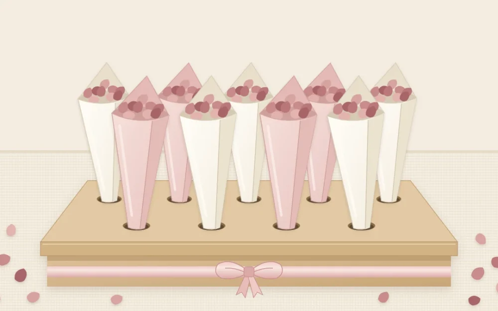 A shallow box with round holes in its lid holding two rows of ivory and blush paper cones, each filled with dried rose petals