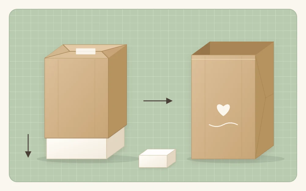 Kraft paper wrapped around a small box used as a former with the base folded closed, beside a finished paper bag standing upright