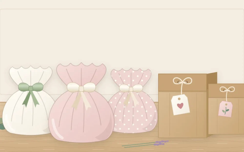 Three gathered fabric favor pouches in ivory and blush tied with narrow ribbon, beside two small kraft paper bags with folded tops and tags
