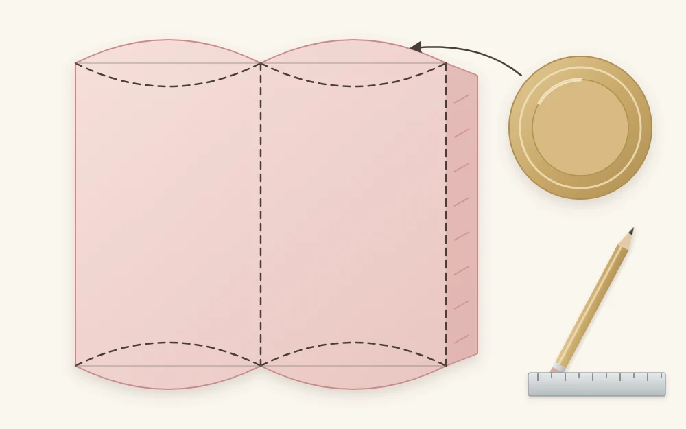 A flat pillow box pattern with two joined rectangular panels, a narrow side flap and curved dashed score lines at both ends