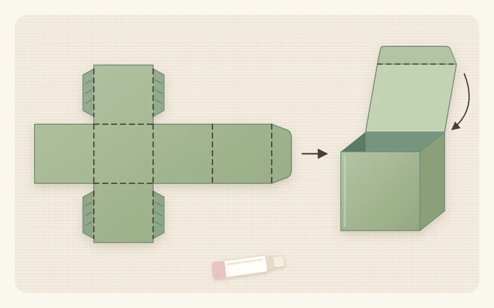 A flat cross-shaped cube net with dashed fold lines and small glue tabs, beside the folded cube with its lid open