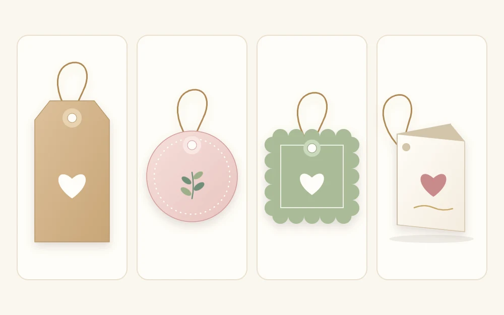 Four tag shapes in a row: a rectangle with two clipped corners, a circle, a scalloped square and a small folded tag standing open