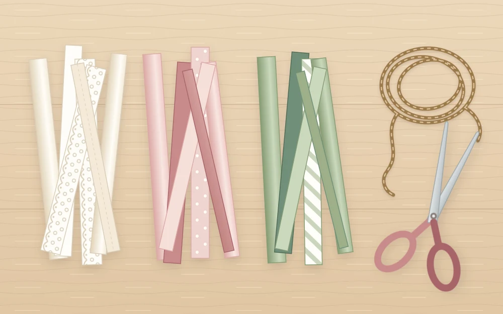 A pile of cut fabric, lace and ribbon strips sorted by color next to a length of twine and a pair of scissors