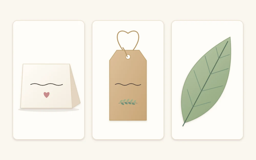 Three place card styles side by side: a folded tent card, a rectangular tag with a twine loop, and a leaf-shaped card with a center vein