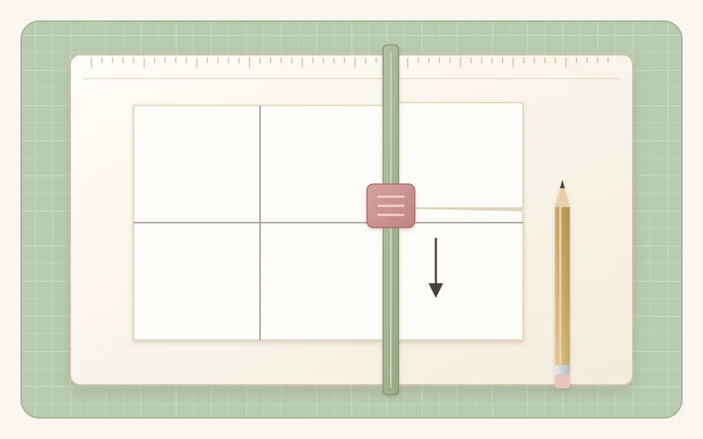A sheet of cardstock divided by pencil lines into a grid of six equal cards, with a paper trimmer cutting the first strip