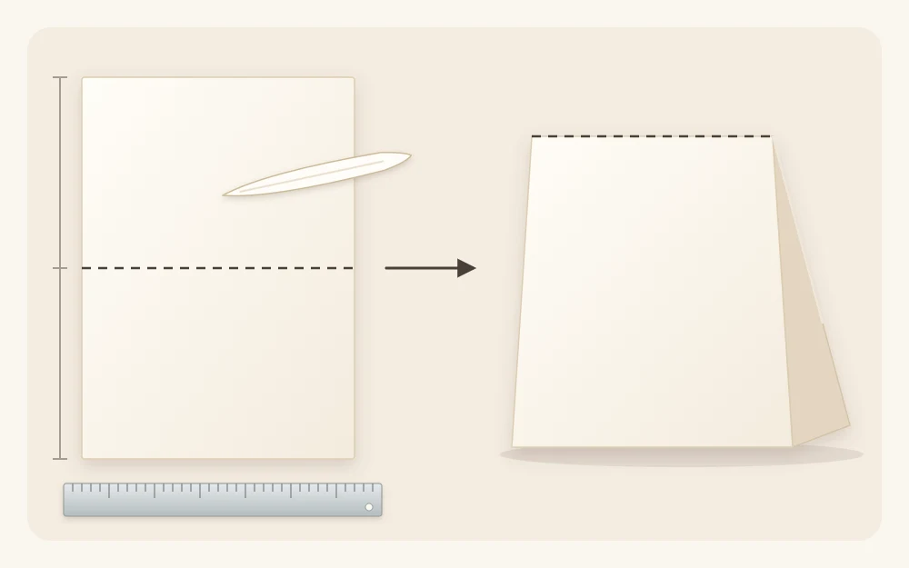 A flat rectangle of cardstock with a dashed score line across the middle, next to the same card folded into a standing tent shape