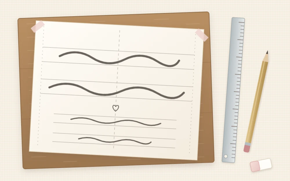 A sheet of paper with soft pencil guidelines and loose wavy lettering strokes lying on a wooden board, with a pencil and ruler beside it
