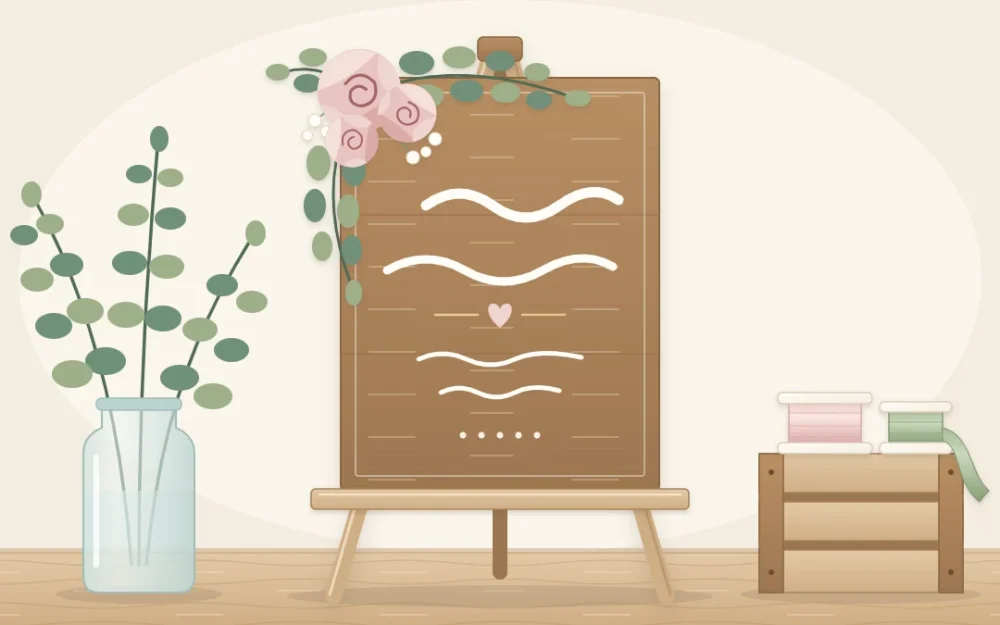 A wooden welcome sign on a simple easel with flowing brush-stroke lines and a spray of eucalyptus and blush flowers on the top left corner