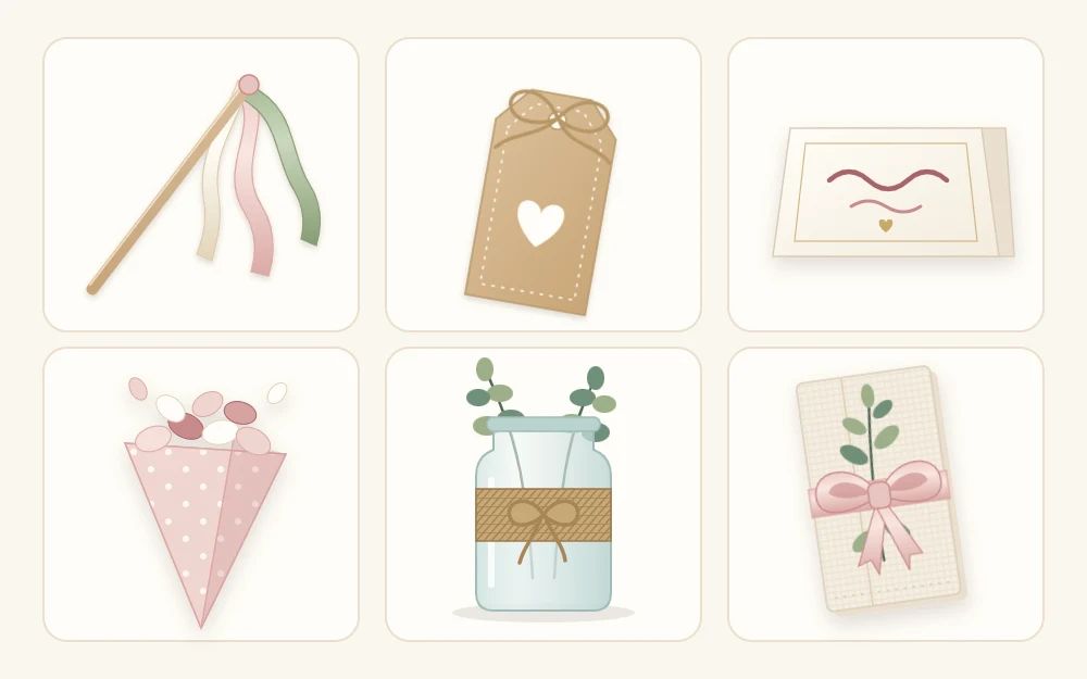 Six small wedding crafts as tiles: a ribbon wand, a kraft tag with twine, a tent card, a paper cone of petals, a twine-wrapped jar and a tied napkin