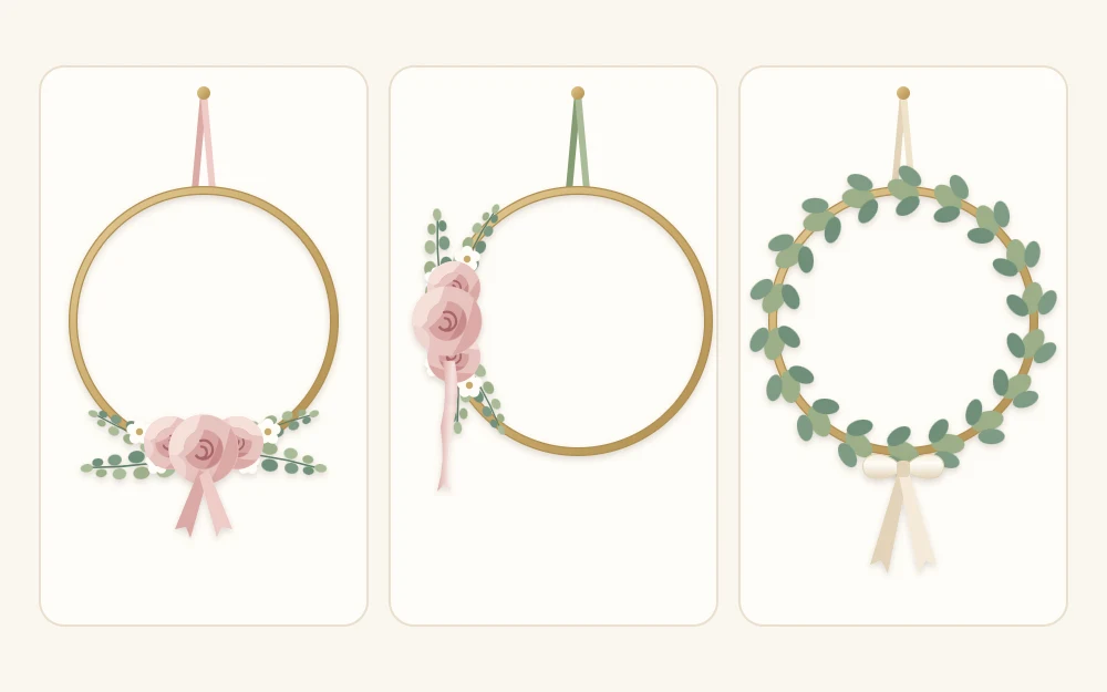 Three hoop variations in a row with flowers along the bottom, down one side, and a slim ring of greenery