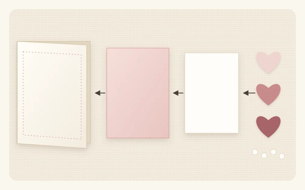 The layers of one card front laid out separately: a card base, a smaller colored mat, a white panel and three small paper hearts