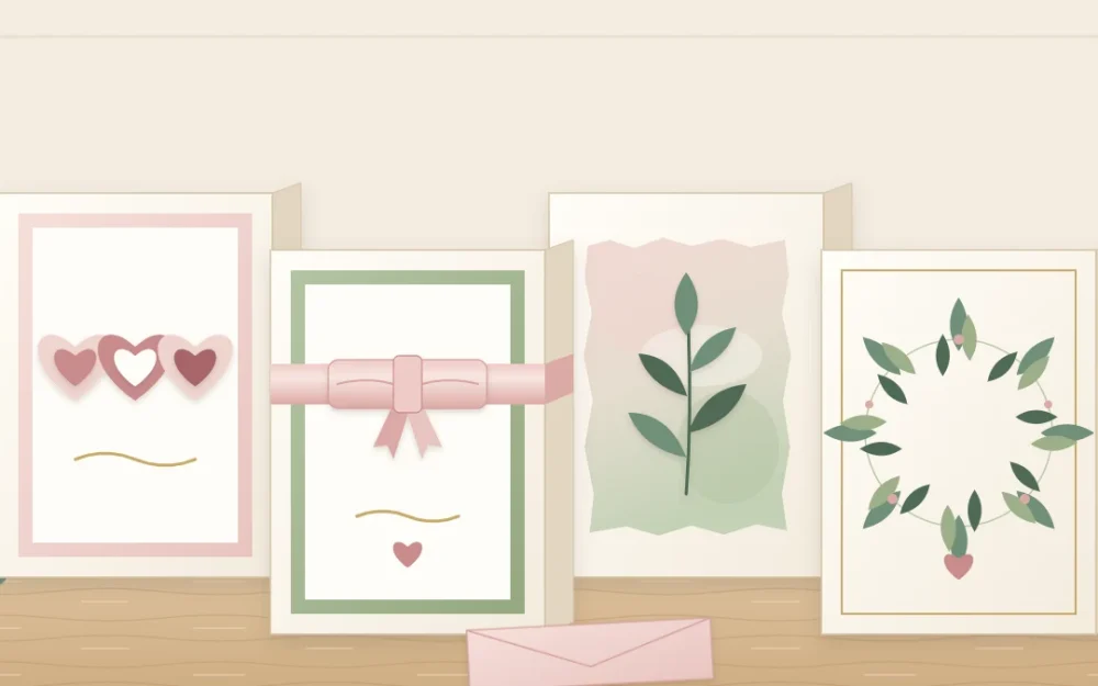 Four handmade cards standing in a row: three paper hearts, a ribbon band with a flat bow, a watercolor panel with a leaf, and a ring of paper leaves