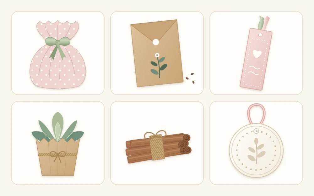 Six favor ideas as tiles: a fabric sachet, a folded seed envelope, a ribbon bookmark, a tiny wrapped plant pot, tied cinnamon sticks and a clay ornament