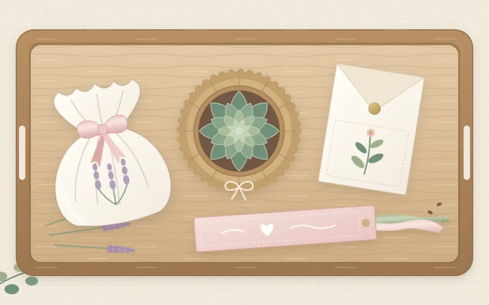 A tray of handmade favors: a lavender sachet tied with ribbon, a small succulent wrapped in kraft paper, a seed packet envelope and a ribbon bookmark