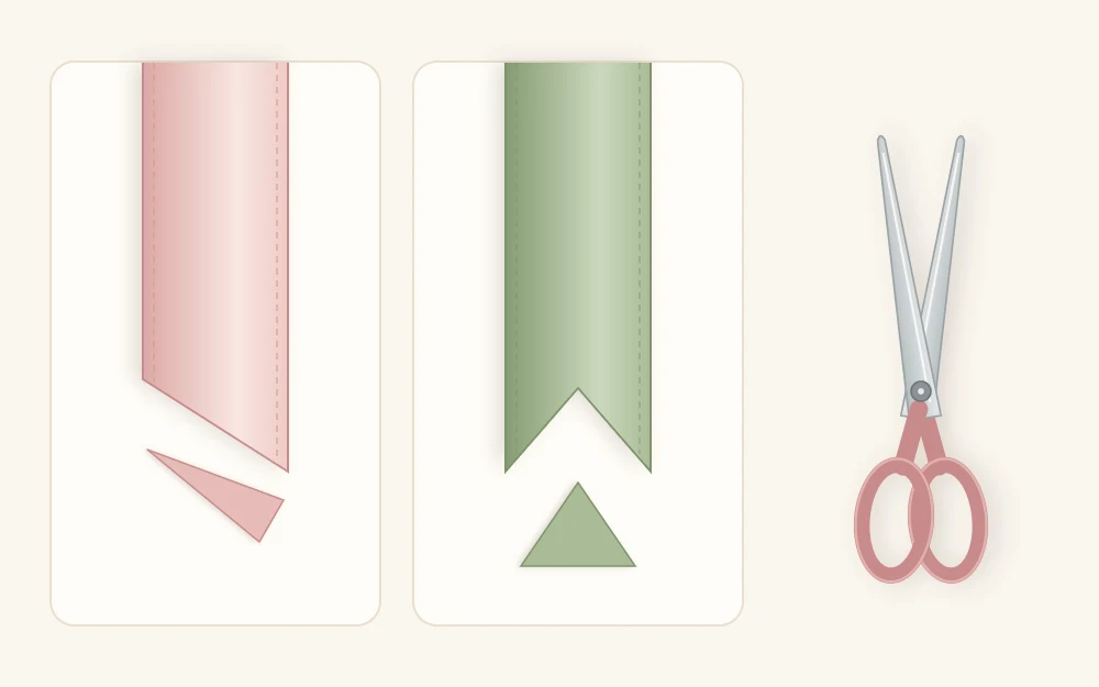 Two ribbon tails beside a pair of scissors, one cut at an angle and one cut into a V notch