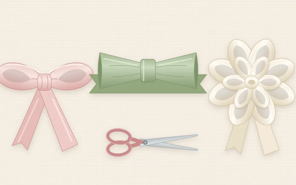 Three ribbon bows on an ivory surface: a classic blush satin bow, a flat sage tailored bow and a full ivory multi-loop bow