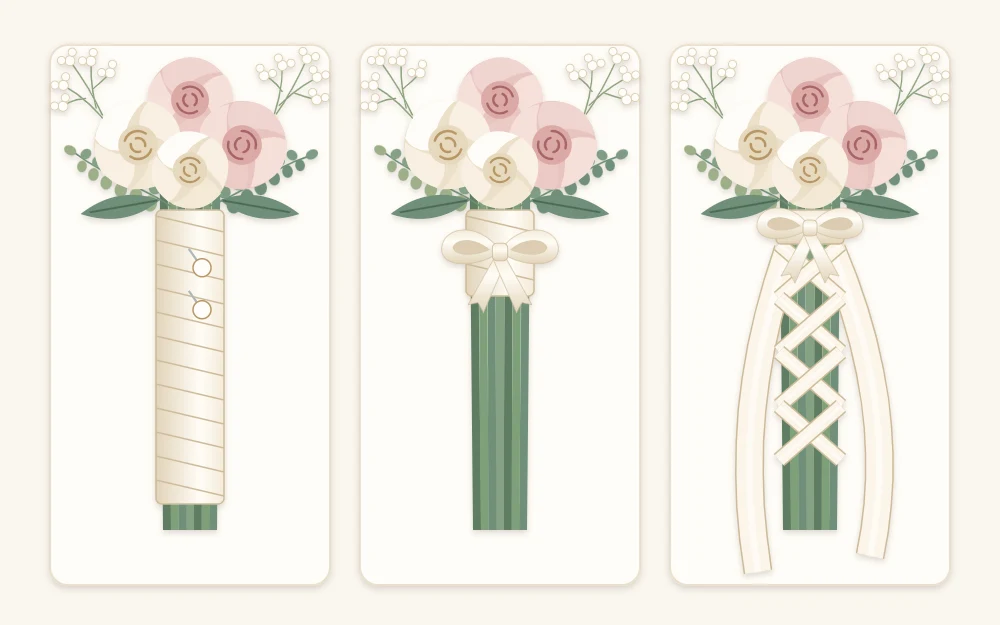 Three finished bouquet handles side by side: a full ribbon wrap, a short collar with bare stems, and a crisscross wrap