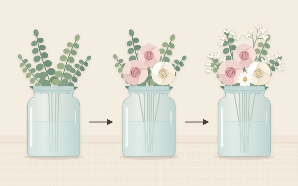 Three filling stages joined by arrows showing a jar with greenery, then large flowers, then small filler flowers