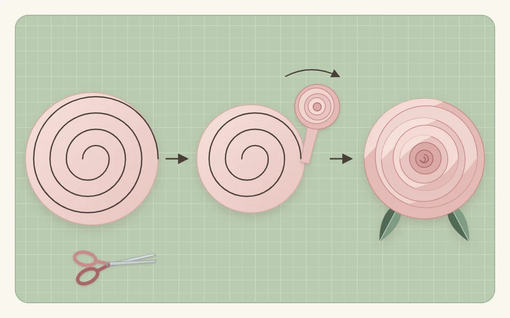 A paper circle cut into a spiral, the spiral partly rolled from the outside end, and the finished rolled rose