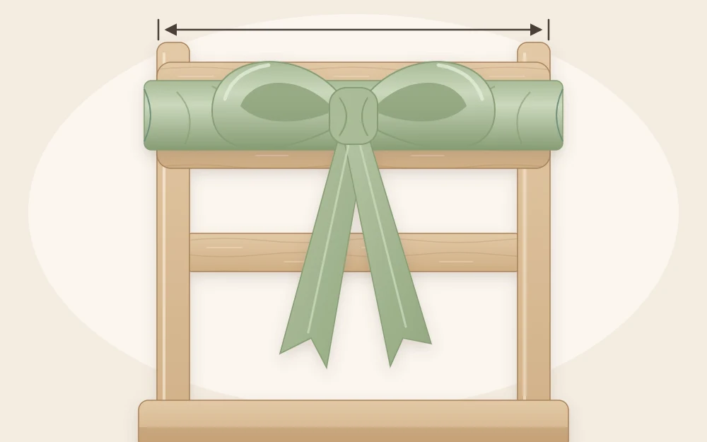 A single chair back with a fabric sash wrapped around it and tied in a neat bow with two long tails