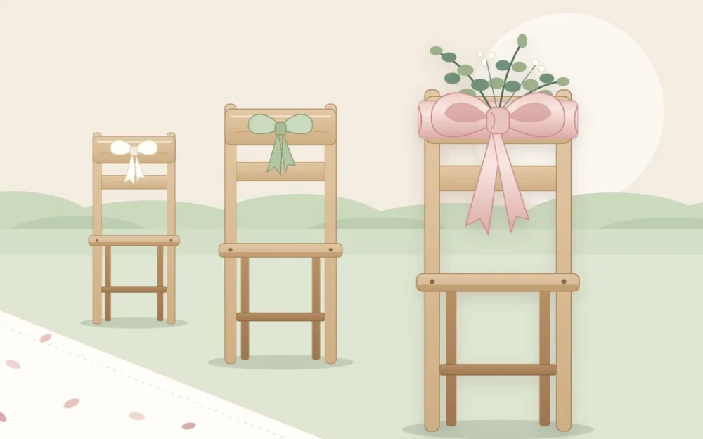 Three wooden folding chairs seen from behind along an aisle, the nearest with a wide blush sash bow and a small bundle of greenery