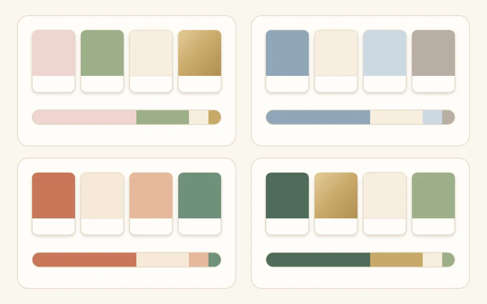 Four palette tiles of rounded color chips: blush with sage, dusty blue with ivory, terracotta with cream, deep green with gold