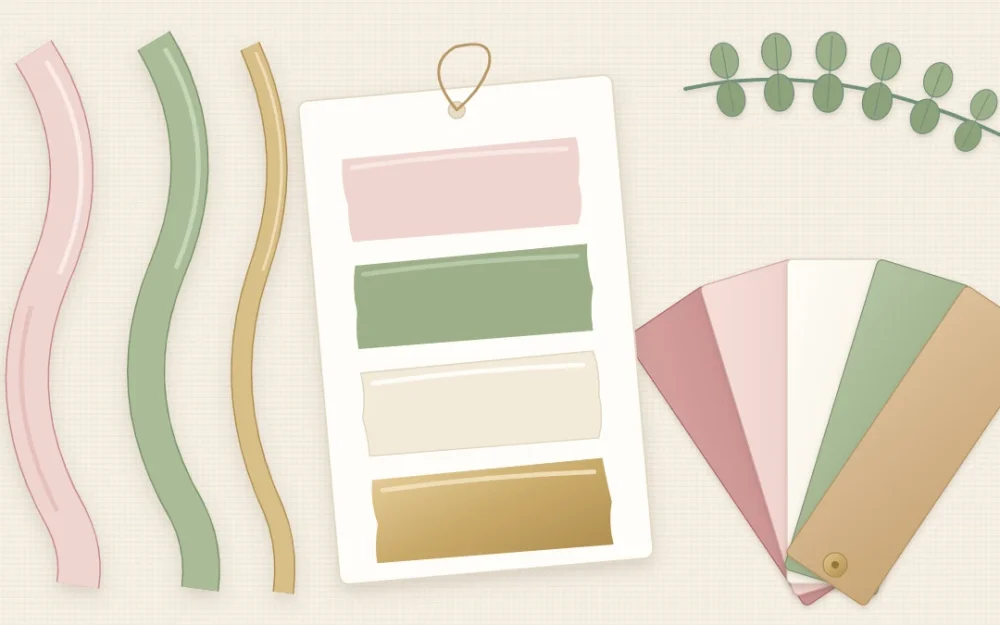 A swatch card with four color bars in blush, sage, ivory and gold among matching ribbon, a cardstock fan and eucalyptus
