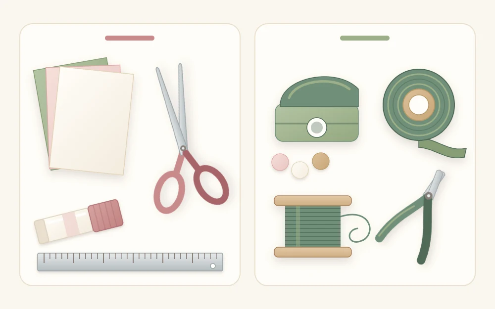 A starter kit of scissors, ruler, glue stick and cardstock sheets beside optional extras: a round punch, floral tape, floral wire and wire cutters