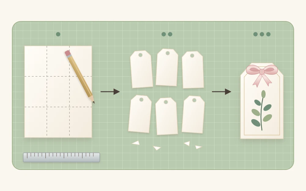 Three stages in a row: a sheet of ivory cardstock with pencil and ruler, the sheet cut into small tags, and a finished tag with a ribbon bow and leaf sprig