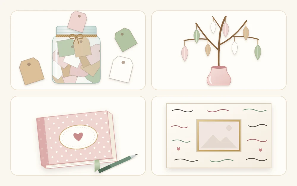 Four guest book alternatives as tiles: a jar of paper tags, a branch hung with leaf cards, a fabric-covered book and a mat board frame