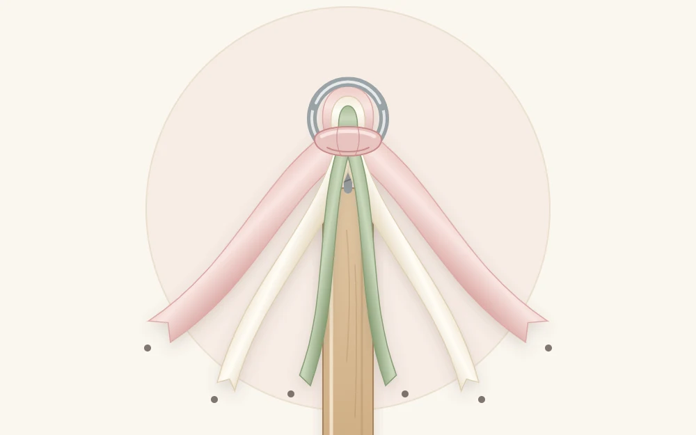 Close view of a wand tip: three ribbons knotted through a small metal eye so that six ribbon tails hang down