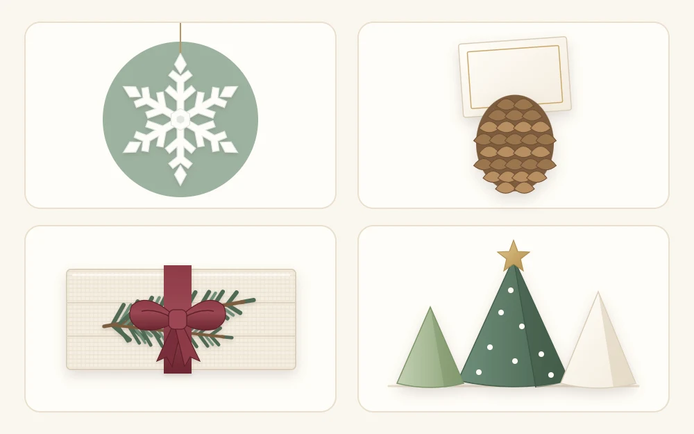 Four tiles: a six-point paper snowflake, a pinecone holding a blank card, a napkin tied with velvet ribbon and evergreen, a paper cone tree